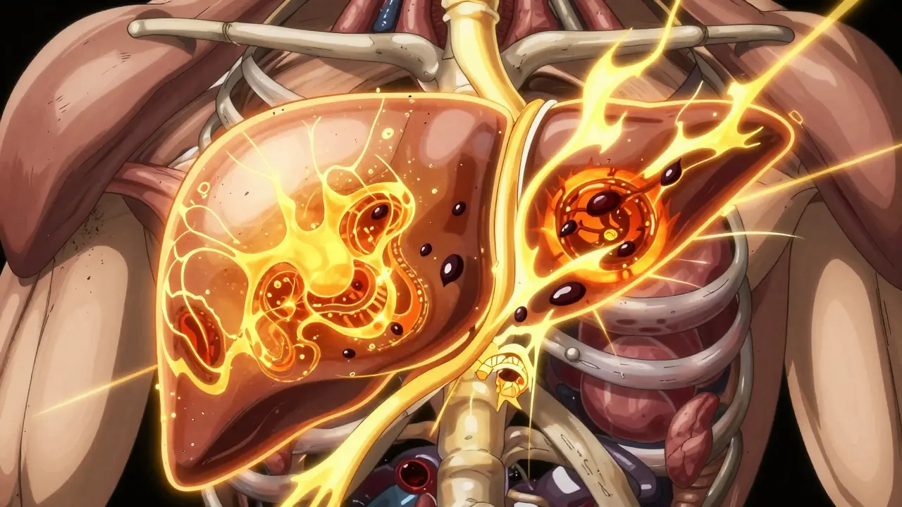 Stylized liver organ with glowing energy disrupted by dark shadows.