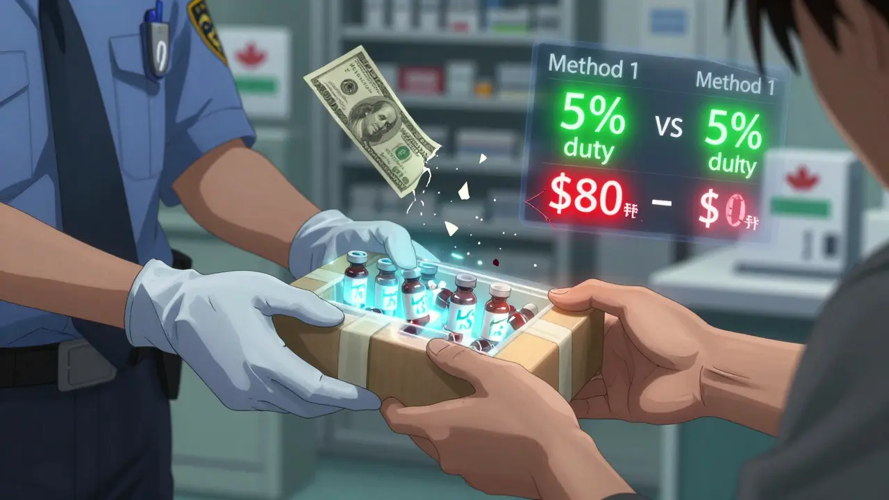 Two hands exchanging a medication package with floating HS codes and duty calculation overlays, one side glowing green, the other cracked red.