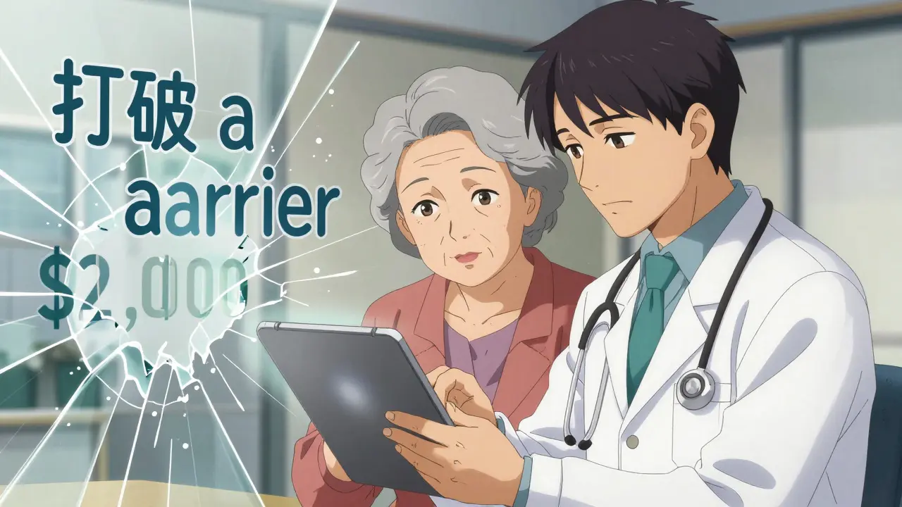 A doctor and patient breaking through a financial barrier to access healthcare.