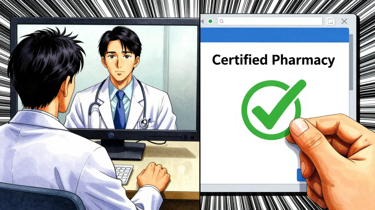 A doctor on a telehealth call next to a verified pharmacy checkout symbol