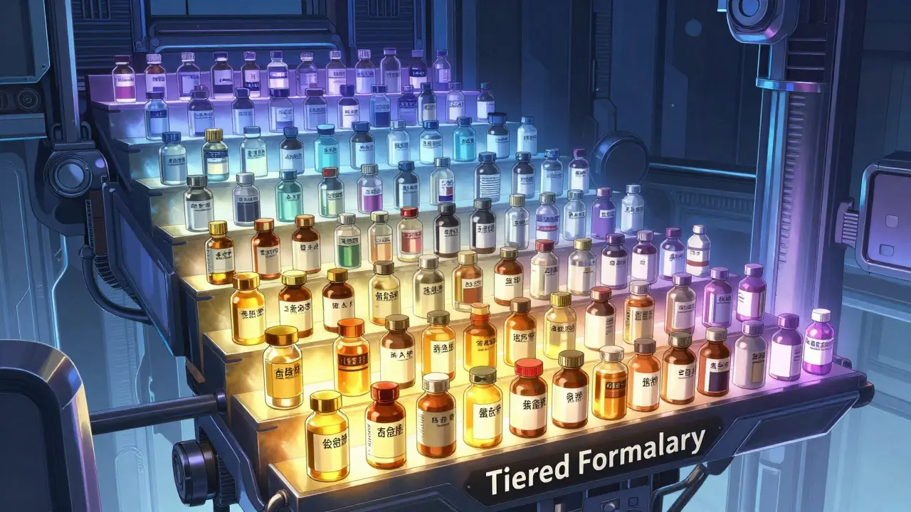 A futuristic staircase representing the different cost tiers of prescription drugs.