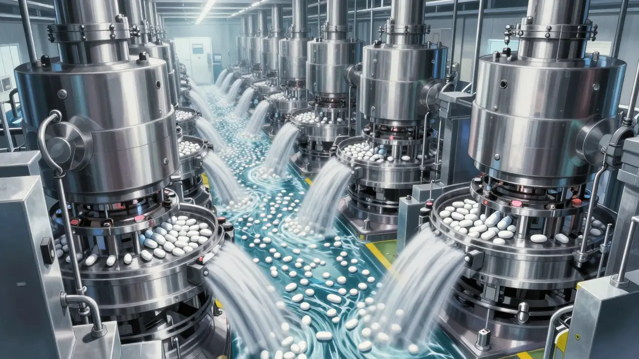 A high-volume pharmaceutical factory with massive machines producing pills in detailed anime style.