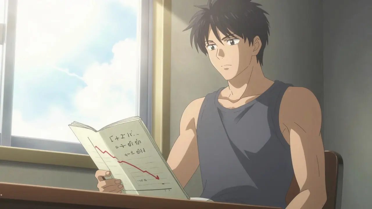 A man looking relieved and healthy while reviewing a side effect log in a bright, sunny room.