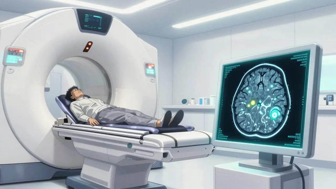 A patient undergoing a high-tech MRI scan for Alzheimer's drug safety monitoring.