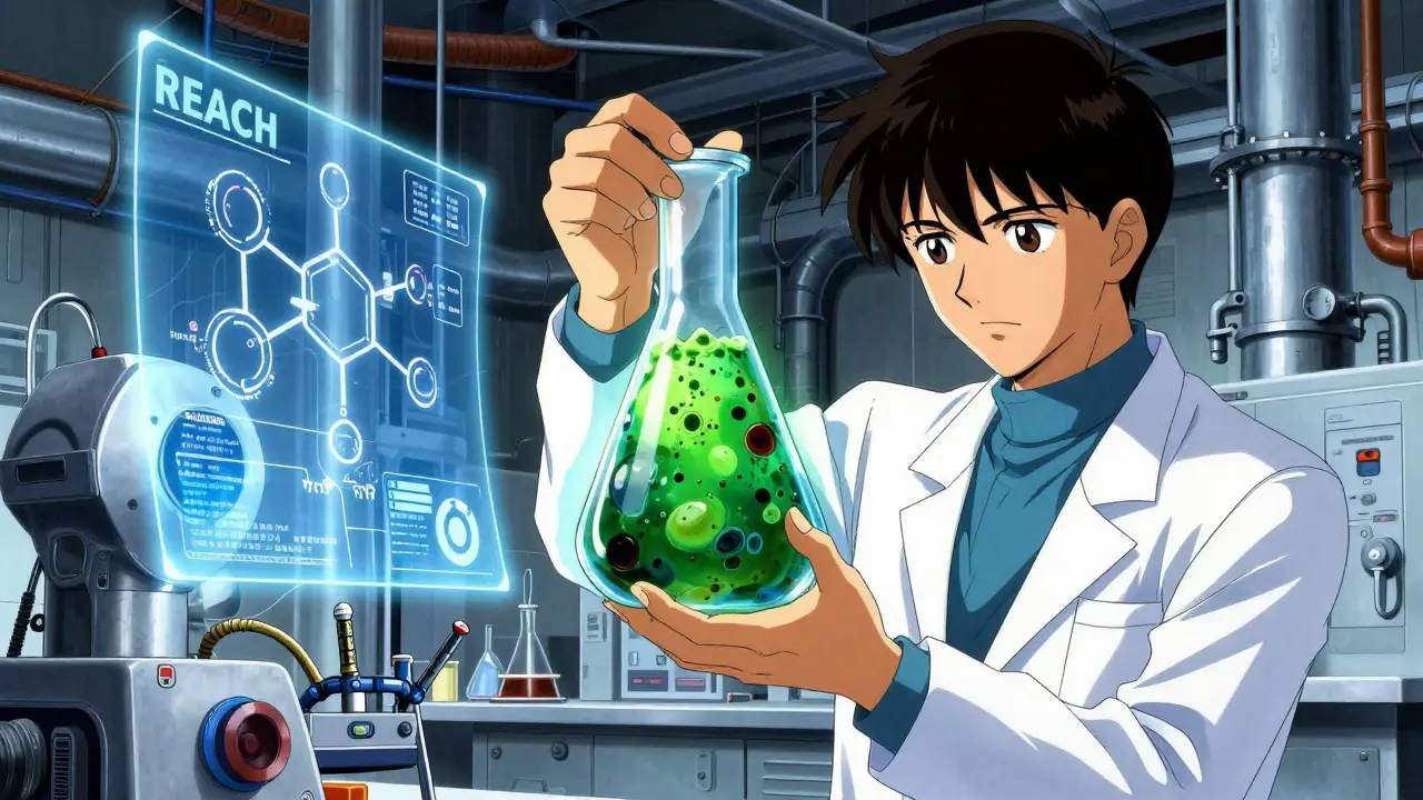 A scientist replacing a toxic green chemical with a safe blue alternative in a futuristic laboratory.