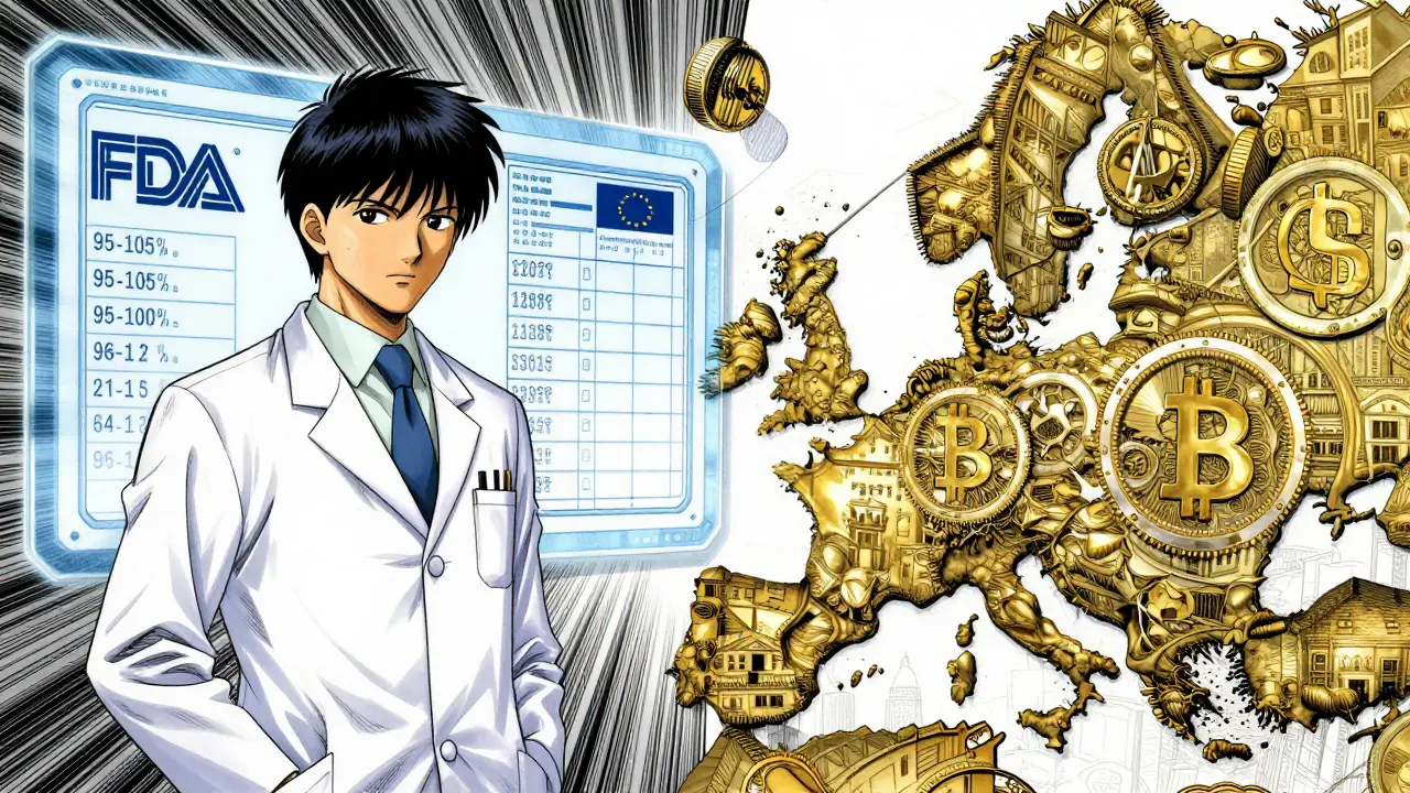 A split screen comparing US and EU drug regulatory officials with holographic data displays.