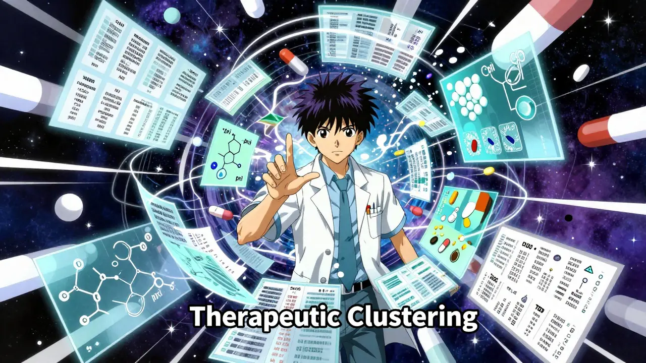 Anime depiction of a technician mentally organizing drug classifications as floating data.