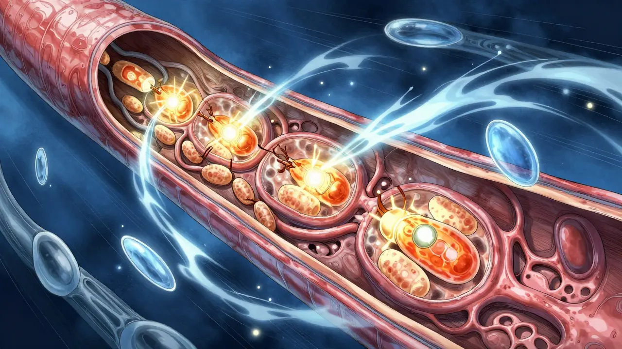Artistic view of mitochondria powering cells inside a blood vessel.