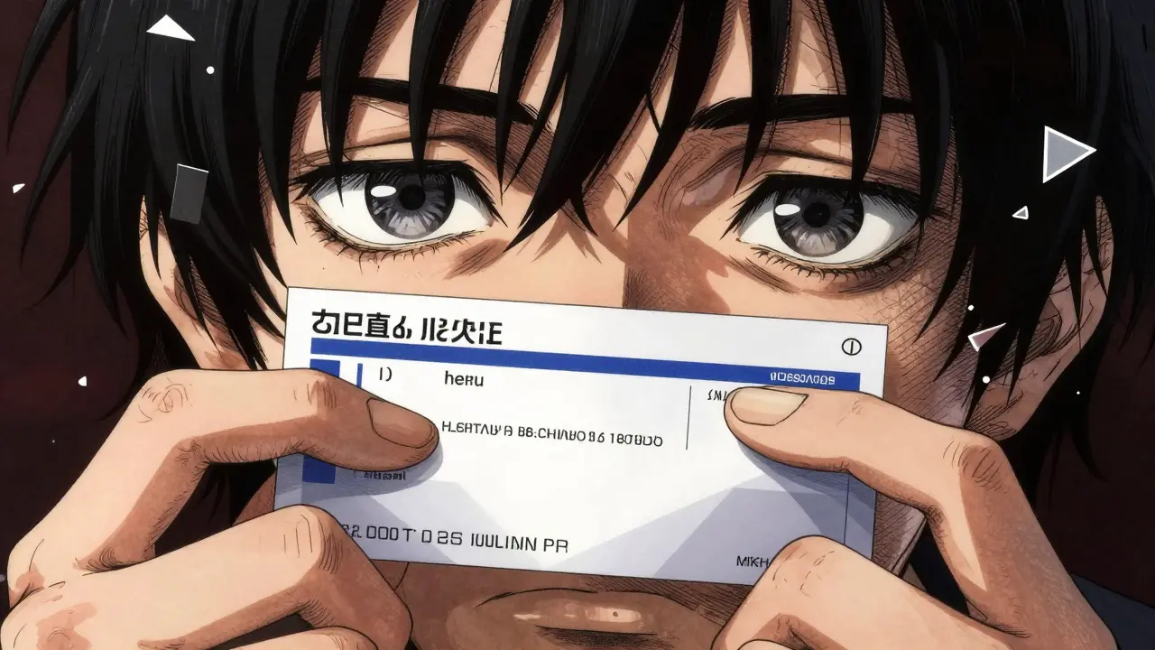 Close-up of a person looking confused while trying to read a prescription label