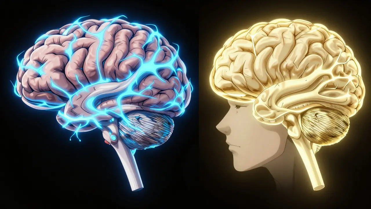 Conceptual manga illustration of brain receptors transitioning from erratic blue energy to calm gold.