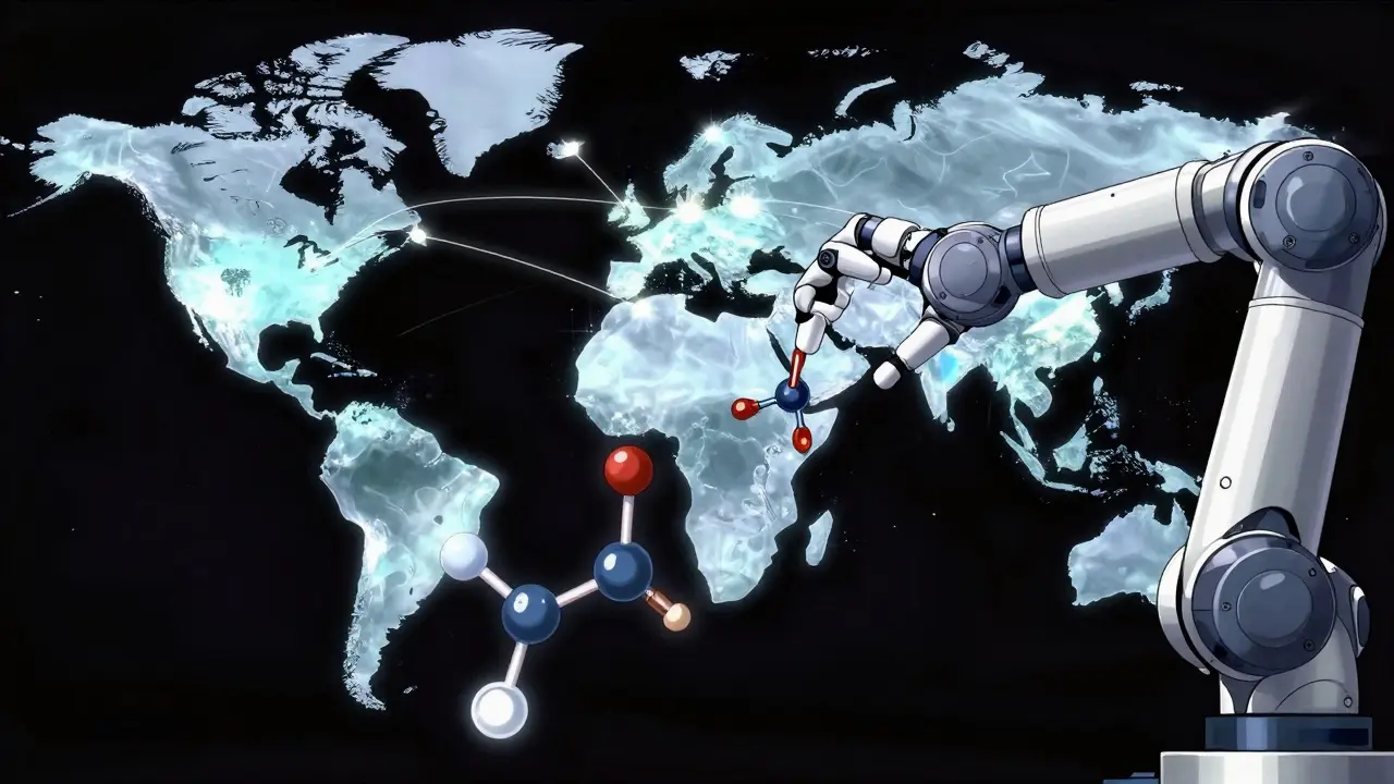 Futuristic depiction of a global pharmaceutical supply chain and automated biologic production.