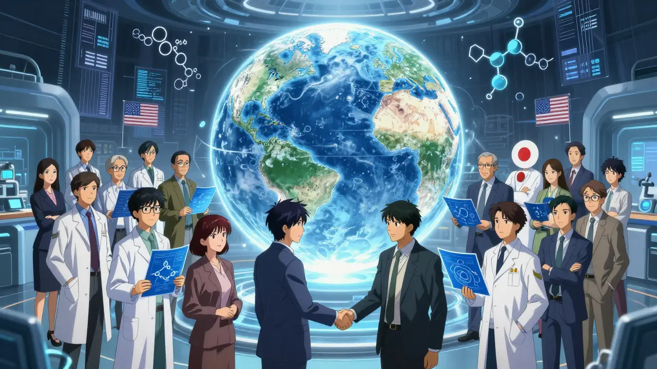 Global regulators from different countries shaking hands around a glowing earth and molecular blueprints.