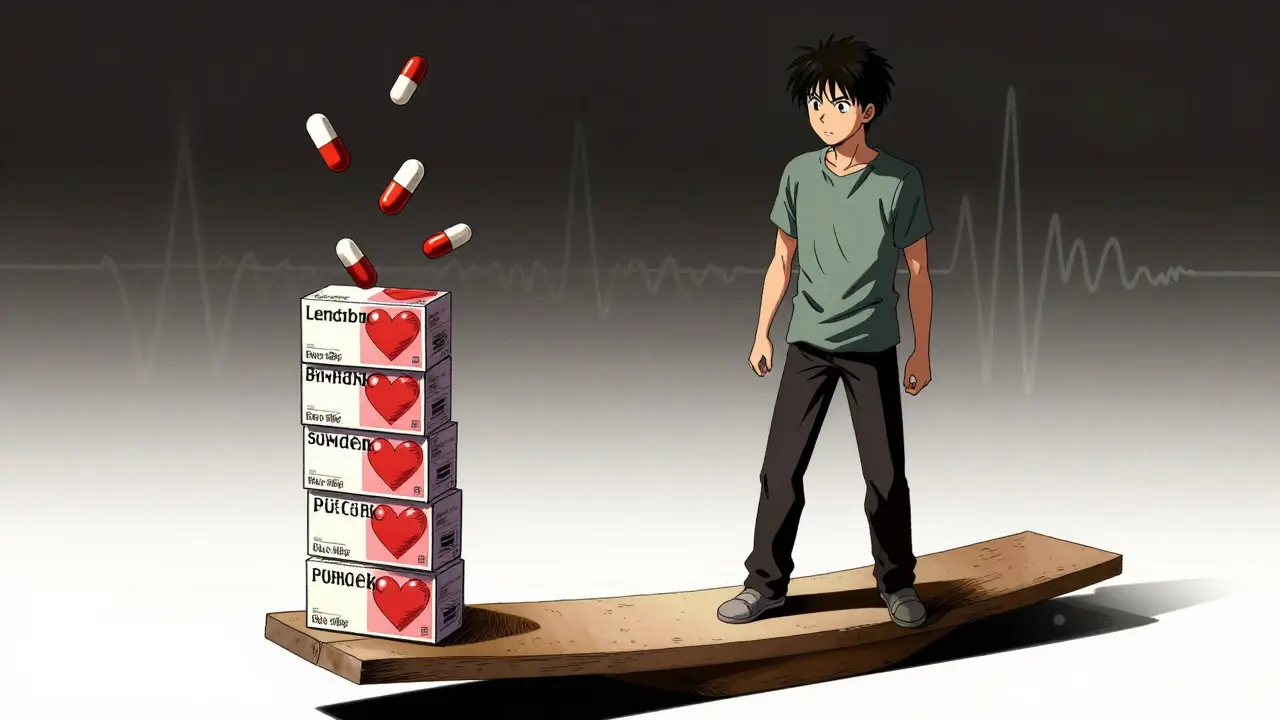 Patient balancing heart medication and supplements with concerned expression.