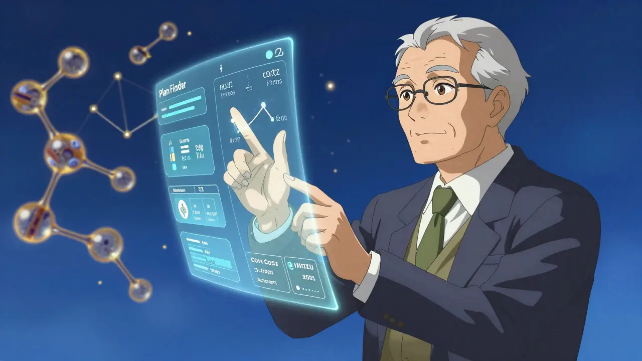 Senior citizen confidently using a holographic tool to find the most affordable drug plan