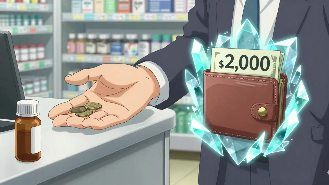 Split scene showing affordable generic medicine and a protective barrier representing a spending cap