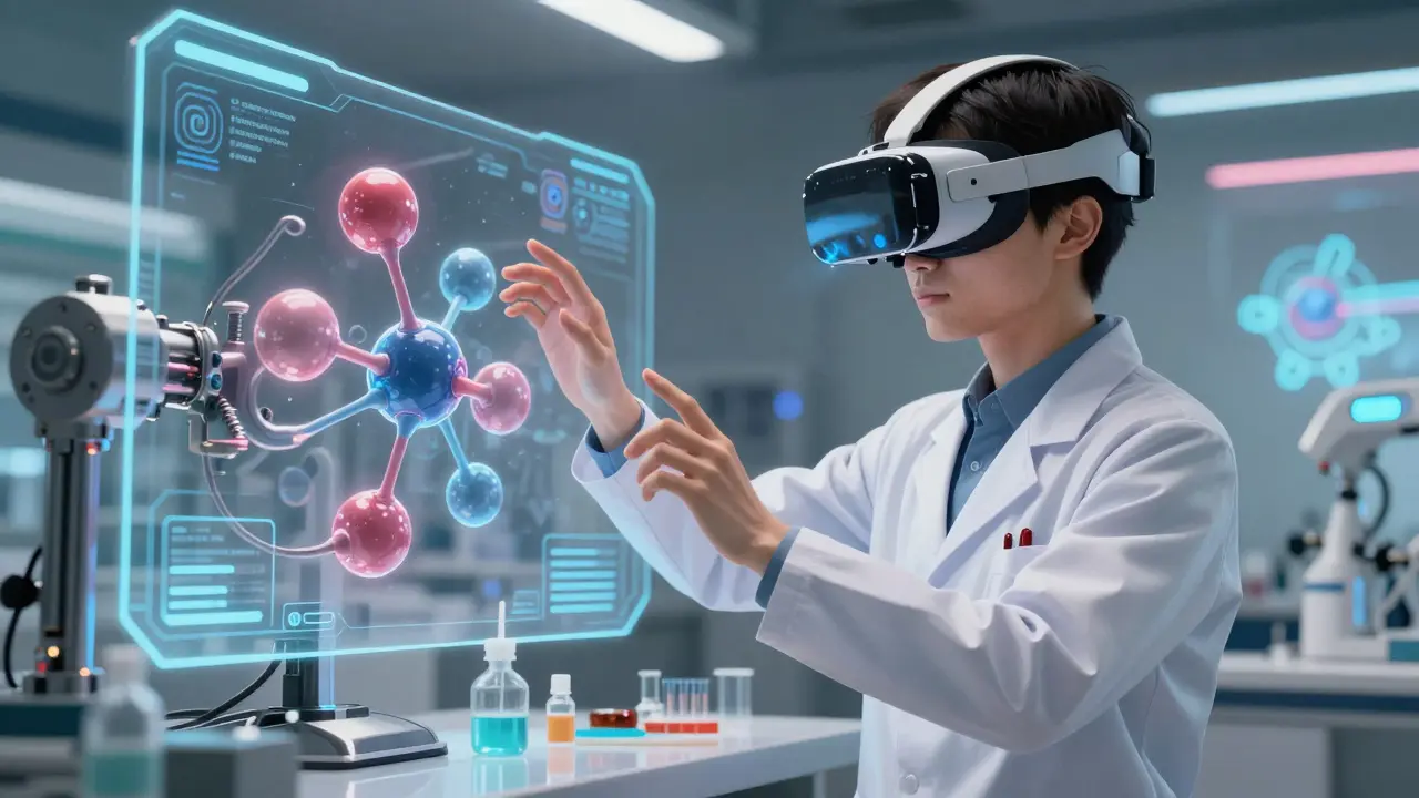 Technician using a futuristic AI simulator to study biosimilars in a manga style.